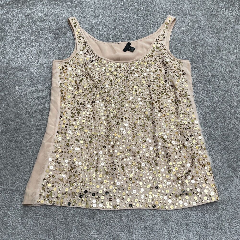 J.Crew Silk Sequin Tank Top Women 6 Nude Brown Gold Sleeveless Chiffon Blouse